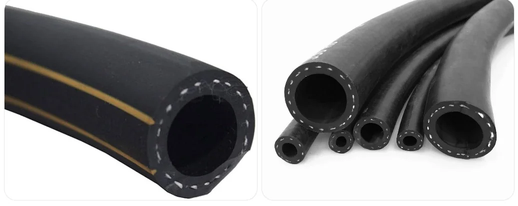 Cross-section diagram of industrial rubber hose showing inner tube, reinforcement and outer cover layers